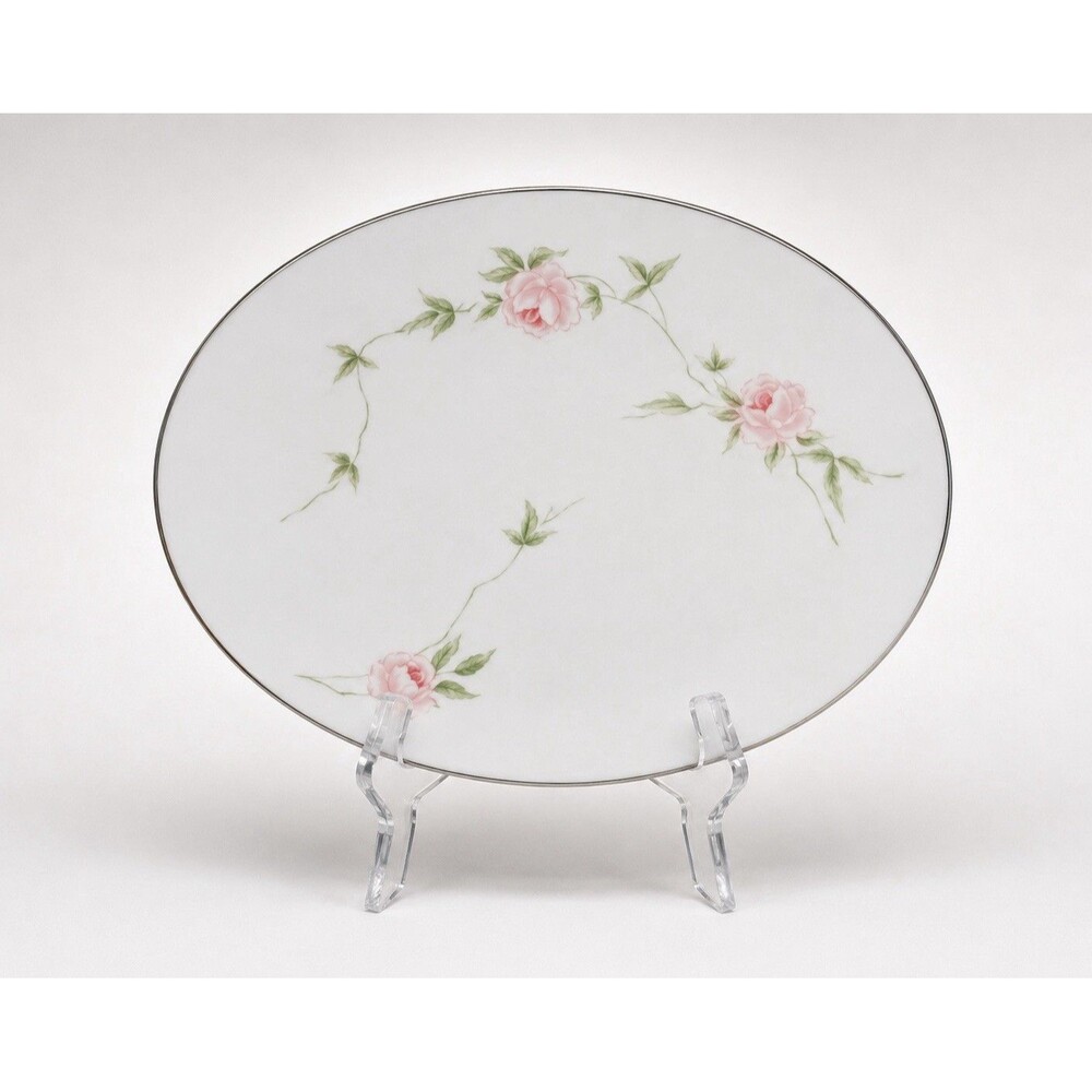 Franciscan Melrose Oval Serving Platter 12.5” Pink Roses Silver Trim Japan